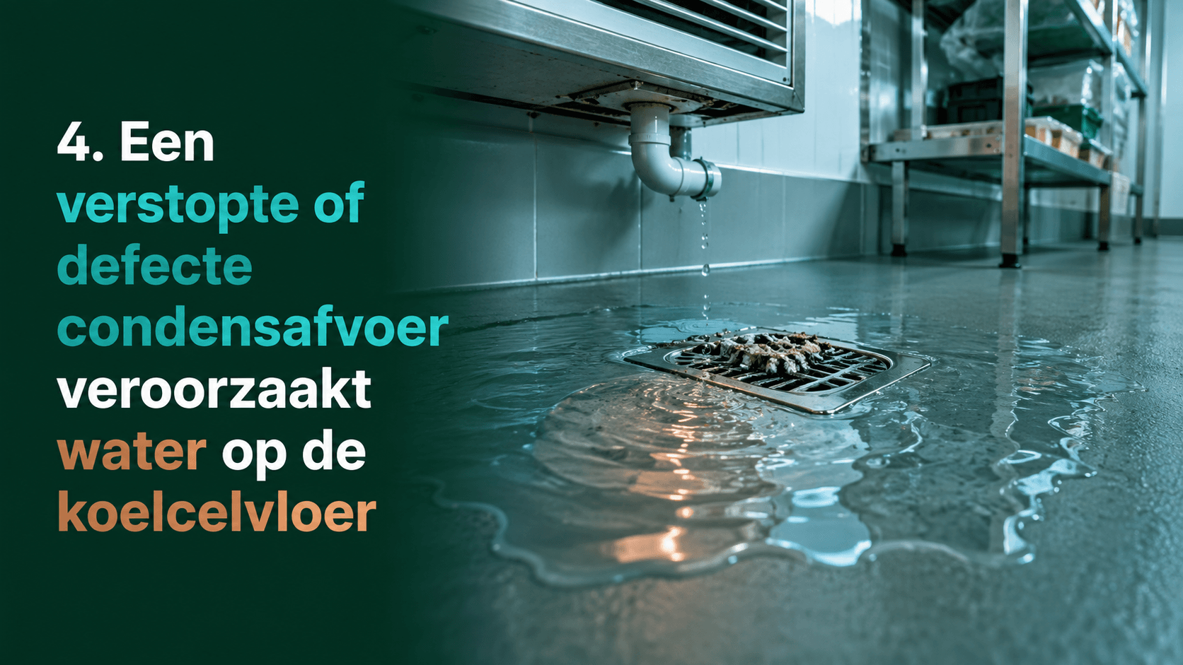 Een verstopte of defecte condensafvoer veroorzaakt water op de koelcelvloer