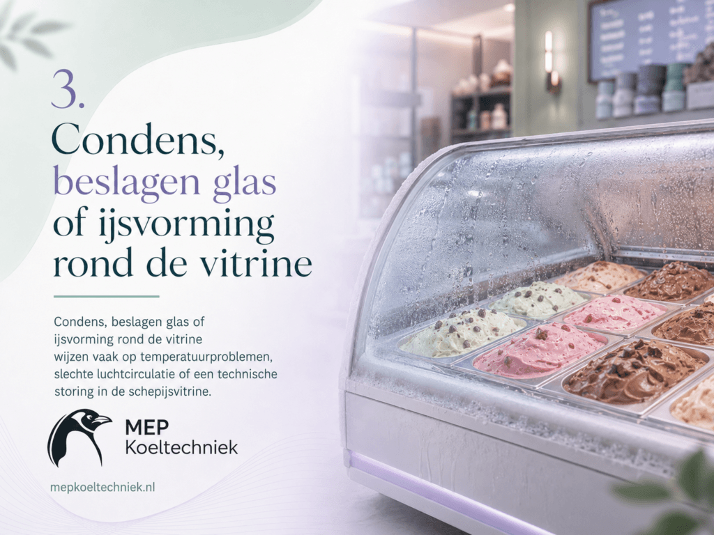 Condens, beslagen glas of ijsvorming rond de vitrine