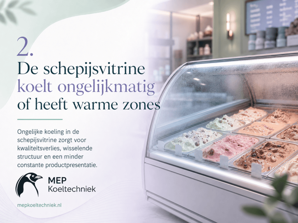 De schepijsvitrine koelt ongelijkmatig of heeft warme zones