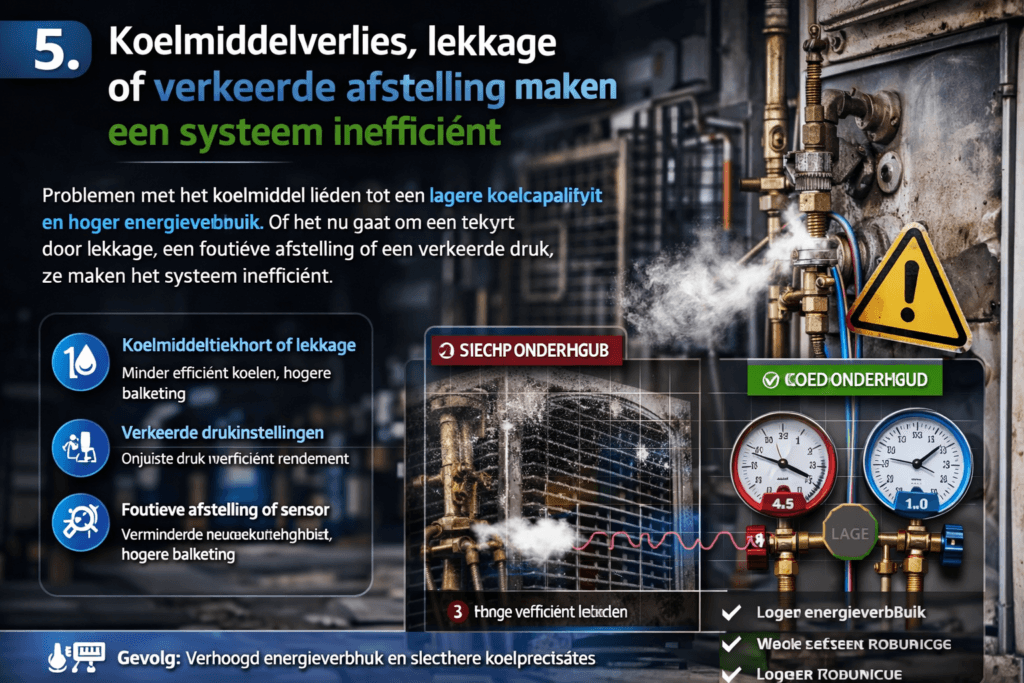 5. Koelmiddelverlies, lekkage of verkeerde afstelling maken een systeem inefficiënt