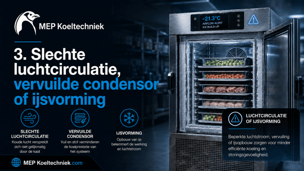 Slechte luchtcirculatie, vervuilde condensor of ijsvorming